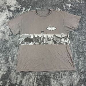 Vtg Las Vegas Skyline AOP T-Shirt Gray White Men's L/XL Short Sleeve Y2K